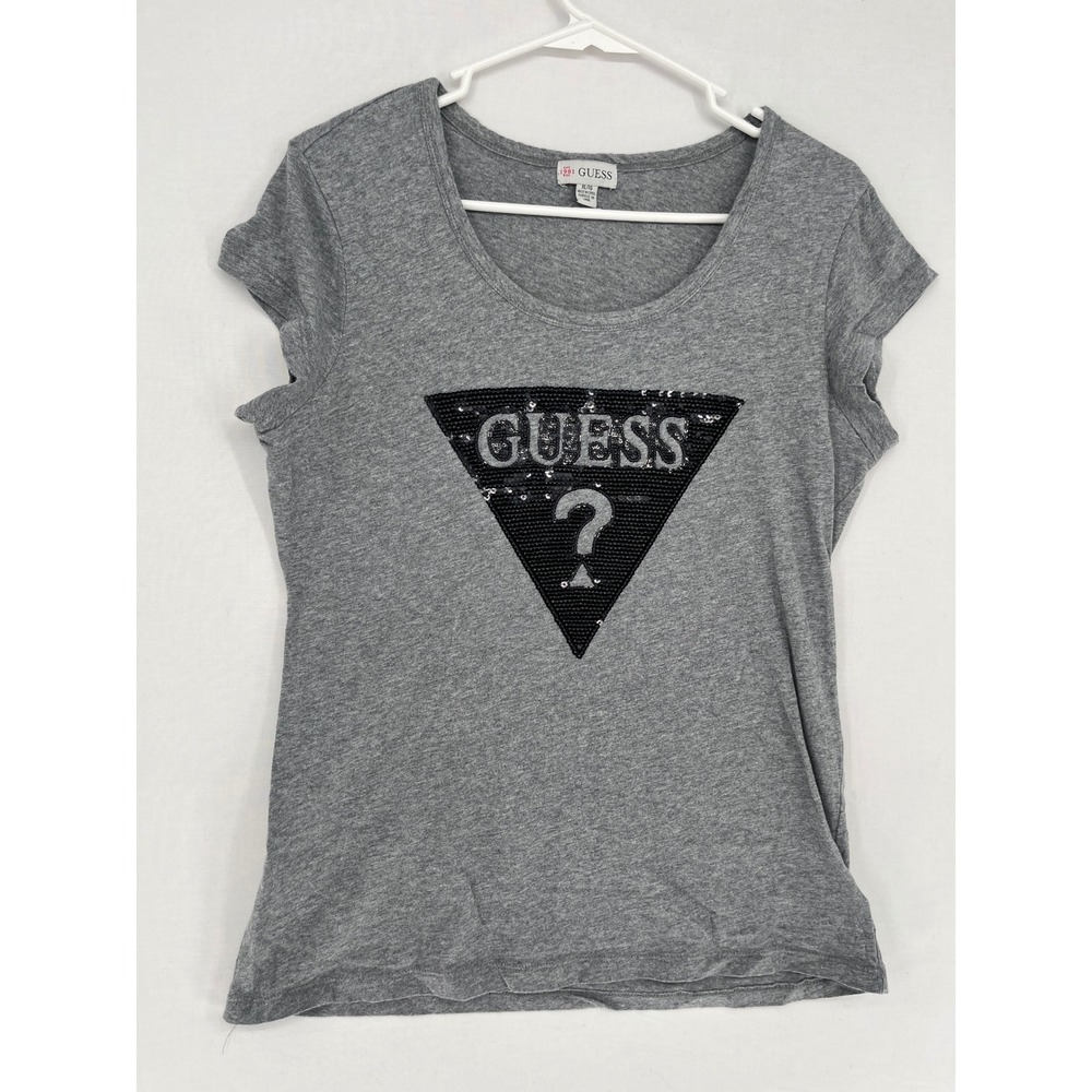 Guess Womens XL Grey Sequin Triangle Logo Short Sleeve Cotton Tee Q34109K0043